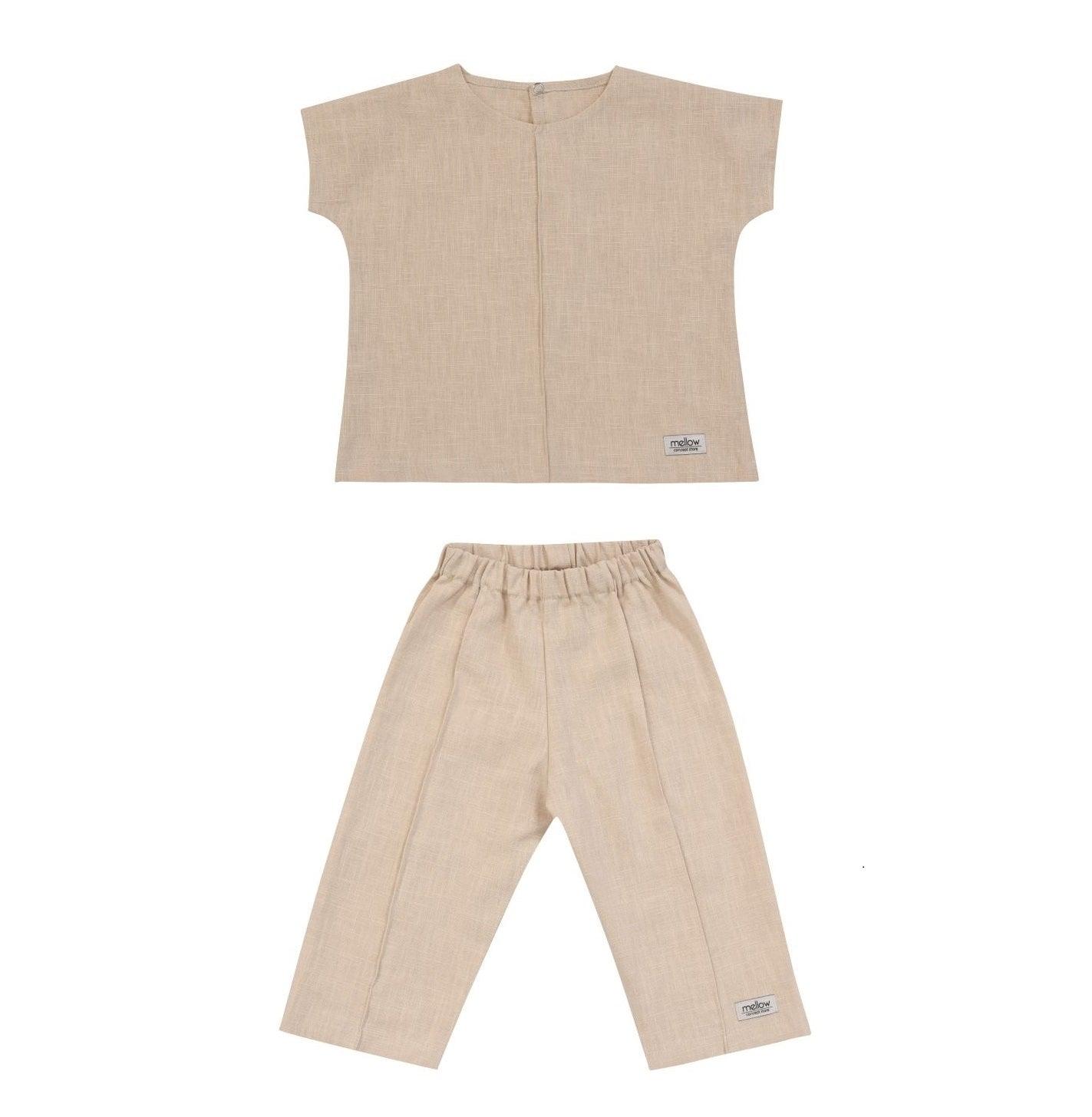 An eco-friendly Ramie Baby/Kid Clothing Set in beige, perfect for delicate skin from Mellow Concept Store.