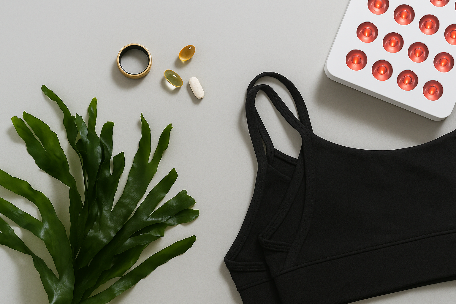 image showing a contrast between modern biohacking tools — supplements, an Oura ring, red light therapy — and a folded piece of SeaCell activewear surrounded by seaweed. Visual metaphor for wearable wellness and clean clothing as a form of biohacking