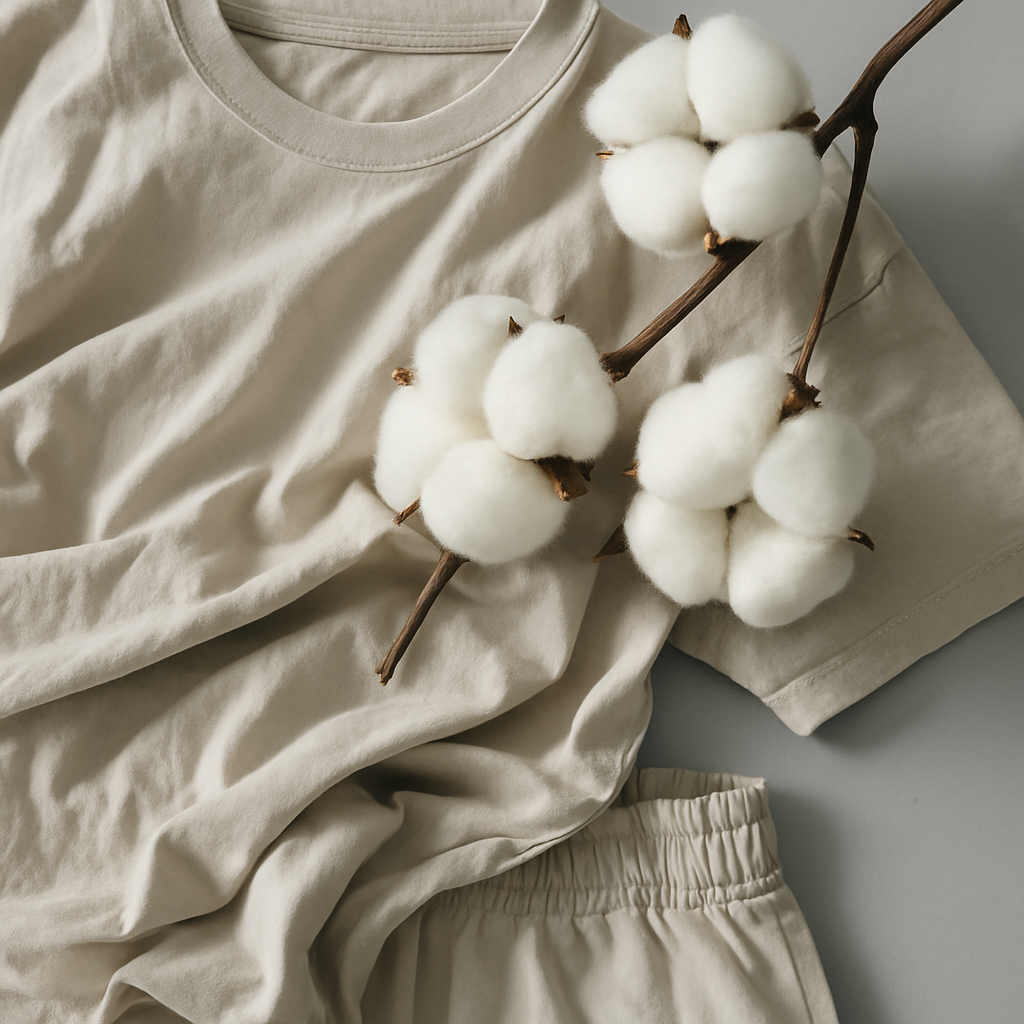 Natural cotton bolls resting on beige cotton workout clothes — soft and organic but not built for sweat