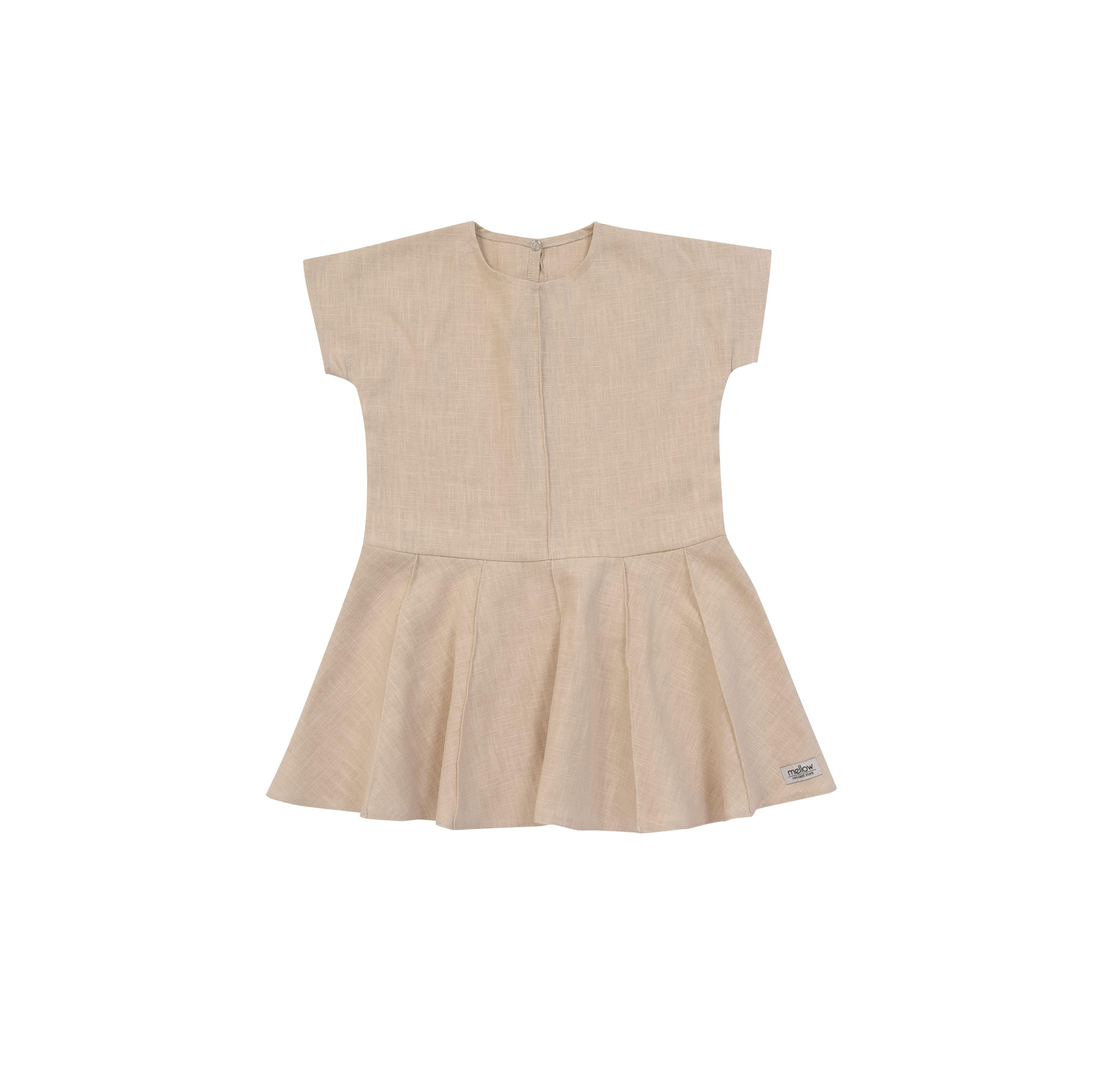 Sentence with product name and brand name inserted: A Ramie Baby/Kid Dress in Beige from Mellow Concept Store, made of ramie fabric which is gentle on delicate skin.