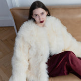 Sheepskin Fur / Coat with Burgundy Silk Lining - White