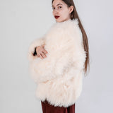 Sheepskin Fur / Coat with Burgundy Silk Lining - White