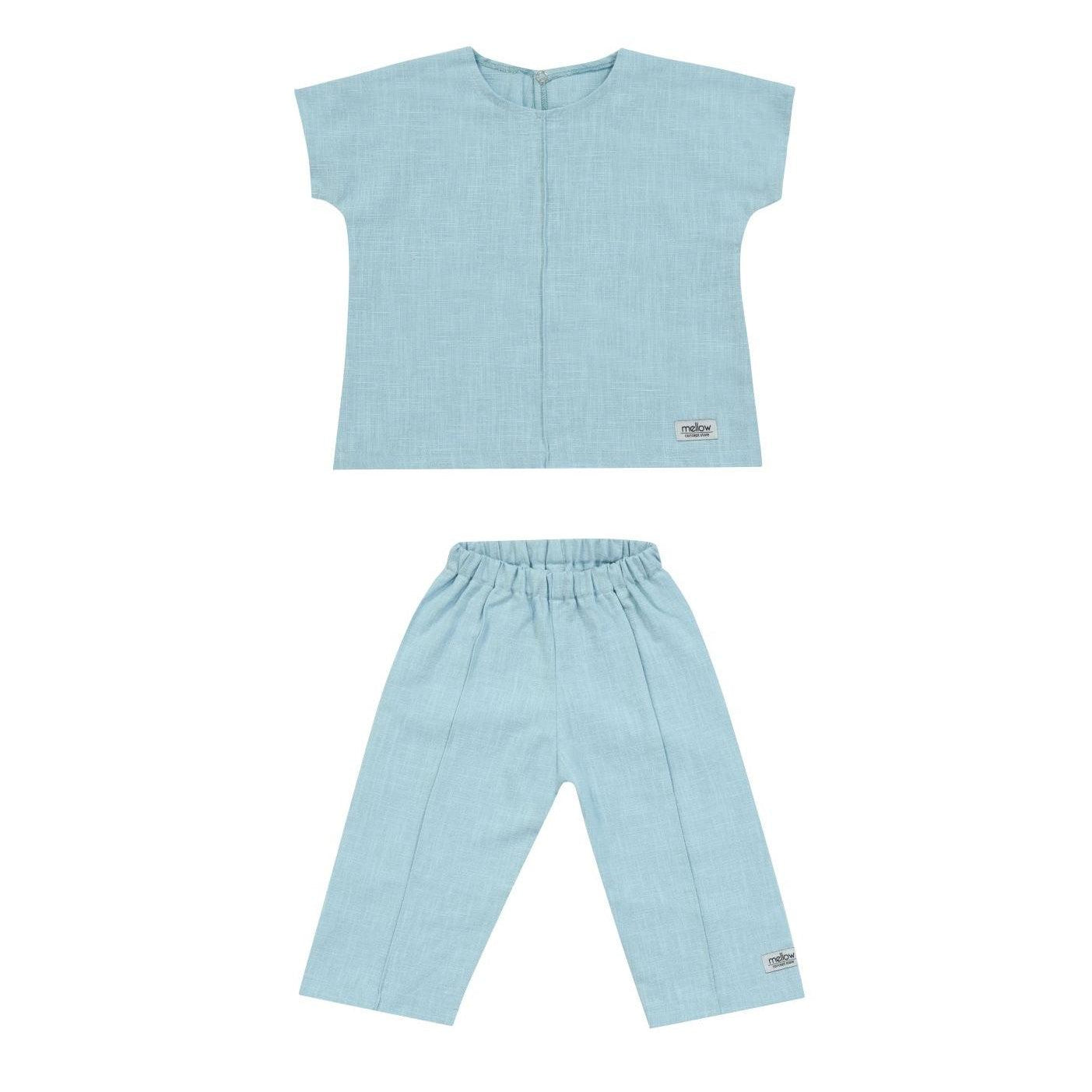 A Ramie Baby/Kid Clothing Set in blue made from hypoallergenic ramie fabric, perfect for delicate skin by Mellow Concept Store.